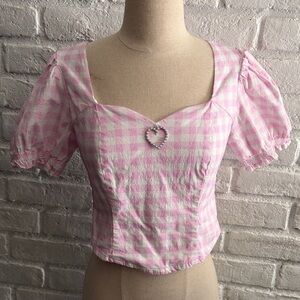 Sweet Society Pink Gingham Puff Sleeve Top Size M